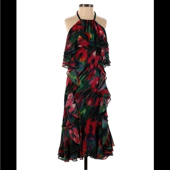 Jason Wu Collective Blurred Floral Retro Artsy Halter Neck Ruffle Mini Dress 2 - Picture 2 of 10